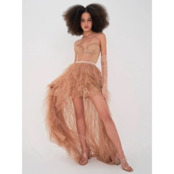NWT For Love & Lemons x REVOLVE Bustier Gown XL Warm Taupe Ruffle Tulle Lace - Picture 14 of 14